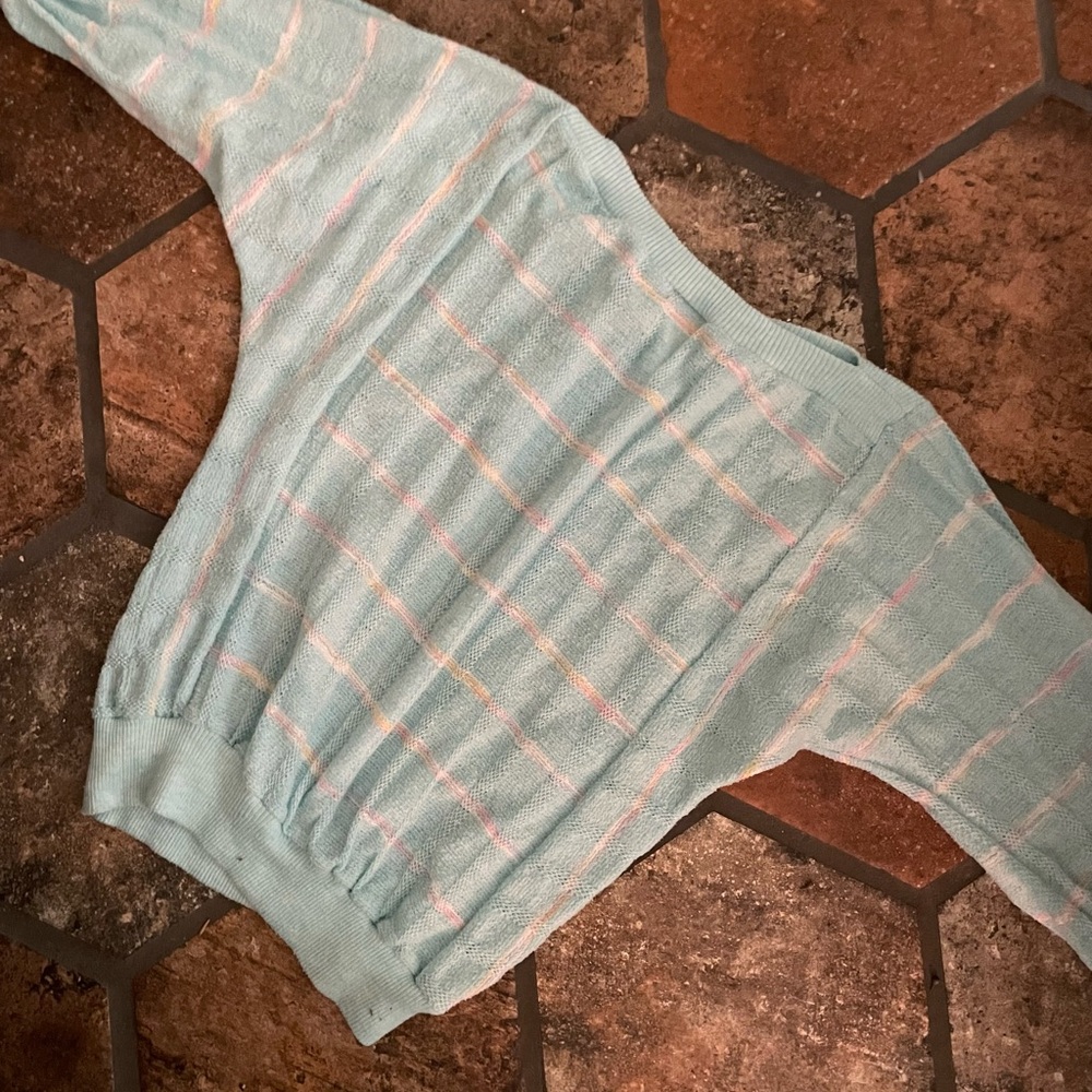 Vintage powder blue knit striped boat neck pullover 3/4 sleeve batwing style - Picture 3 of 8
